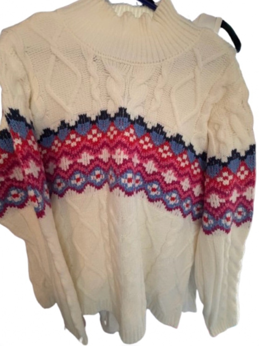 St. John's Bay Cream Cable-Knit Sweater with Pink & Blue Fair Isle